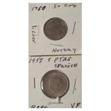 1968 Silver 50 Ore  Coin and 1957 Silver 5 PTA S Spanish  Coin - Rare