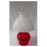 Vintage Oil Lamp with Red Base, Milk White Glass Hobnail Shade, Eagle Burner