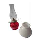 Vintage Oil Lamp with Red Base, Milk White Glass Hobnail Shade, Eagle Burner