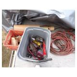 Grey Tote with Content, Red Crate, Hose