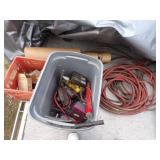 Grey Tote with Content, Red Crate, Hose