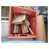 Grey Tote with Content, Red Crate, Hose