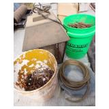 Green Menards Box with nails, Bug Zapper, Hose, Bucket of Bolts