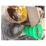 Green Menards Box with nails, Bug Zapper, Hose, Bucket of Bolts