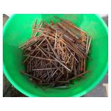 Green Menards Box with nails, Bug Zapper, Hose, Bucket of Bolts