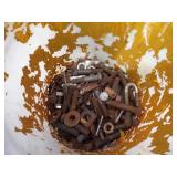 Green Menards Box with nails, Bug Zapper, Hose, Bucket of Bolts