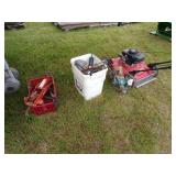 Lawn Mower, Grease Guns in Bucket, Red Basket with Jack