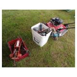 Lawn Mower, Grease Guns in Bucket, Red Basket with Jack