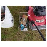 Lawn Mower, Grease Guns in Bucket, Red Basket with Jack