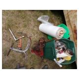 Pipe vise, Green Tote with content, roll of Plastic, Green Bucket