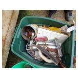 Pipe vise, Green Tote with content, roll of Plastic, Green Bucket