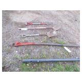 Potato Fork, 2 Shovels, BIG Pipe wrench with pipe extension