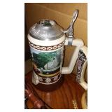 Anheuser Busch Steins (5) and Cast Keg Wagon  Beautiful, COA.