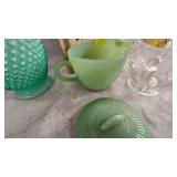 FireKing Jadite Creamer and Sugar Lid, Fenton Hobnail Case in Aqua Blue FireKing Jadite Creamer and Sugar Lid, Fenton Hobnail Case in Aqua Blue