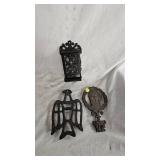 Cast Iron Match Holder and Eagle/President Trivets along with Unique Wood Carved Shoe Horn Cast Iron Match Holder and Eagle/President Trivets along with Unique Wood Carved Shoe Horn