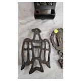 Cast Iron Match Holder and Eagle/President Trivets along with Unique Wood Carved Shoe Horn Cast Iron Match Holder and Eagle/President Trivets along with Unique Wood Carved Shoe Horn