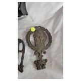 Cast Iron Match Holder and Eagle/President Trivets along with Unique Wood Carved Shoe Horn Cast Iron Match Holder and Eagle/President Trivets along with Unique Wood Carved Shoe Horn