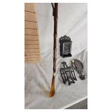 Cast Iron Match Holder and Eagle/President Trivets along with Unique Wood Carved Shoe Horn Cast Iron Match Holder and Eagle/President Trivets along with Unique Wood Carved Shoe Horn