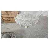 Fenton Milk Glass Hobnail Candy Dish, Blue Covered Dish, and Butter Holder Fenton Milk Glass Hobnail Candy Dish, Blue Covered Dish, and Butter Holder