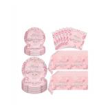 62-Piece Pink Happy Birthday Party Supplies Set - Plates, Napkins, Tablecloths - Brand New