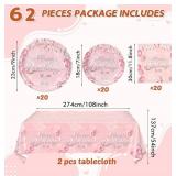 62-Piece Pink Happy Birthday Party Supplies Set - Plates, Napkins, Tablecloths - Brand New