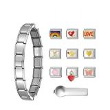 SweetV Stainless Steel Italian Charm Bracelet with Charms and Tool - Brand New