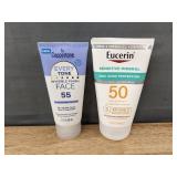 Coppertone Face Sunscreen SPF 55 (2oz) and Eucerin Sensitive Sunscreen SPF 50 (4oz) - Brand New