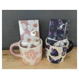2 Mugs, 14.2 oz, Notepad, and Pen Gift Sets: Flower and Butterfly Designs - Brand New