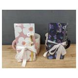 2 Mugs, 14.2 oz, Notepad, and Pen Gift Sets: Flower and Butterfly Designs - Brand New