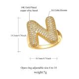 14K Gold Plated Initial "N" Statement Ring with CZ Stones, Adjustable - Brand New