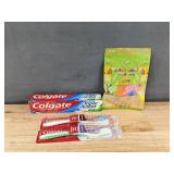 Colgate Oral Care Supplies: Triple Action Toothpaste, 2 Toothbrushes, Kids Floss Picks - Brand New
