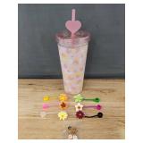 32 oz Tumbler with 6 Silicone Flower Straw Covers, Caps & Charms - Brand New