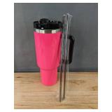 40oz Neon Pink Tumbler with 2 Straws - Brand New