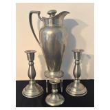 Vintage Pewter Pitcher and Candleholders Set
