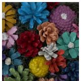 Vintage Framed Floral Decor with Colorful Pine Cones