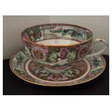 Vintage Famille Rose Cups and Saucers Birds, Butterflies