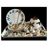 Large Christmas Dinnerware Lot with Plates, Cookie Jar, Tray, and Accessories