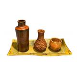 Artisan Pottery Collection with 3 Vessels and Patterned Tray