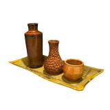 Artisan Pottery Collection with 3 Vessels and Patterned Tray
