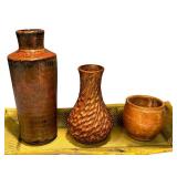 Artisan Pottery Collection with 3 Vessels and Patterned Tray