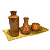 Artisan Pottery Collection with 3 Vessels and Patterned Tray