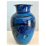 Artisan Crafted Signed Blue Swirl Glass Vase, 6.75 Inch Height