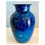 Artisan Crafted Signed Blue Swirl Glass Vase, 6.75 Inch Height