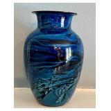 Artisan Crafted Signed Blue Swirl Glass Vase, 6.75 Inch Height