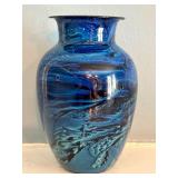 Artisan Crafted Signed Blue Swirl Glass Vase, 6.75 Inch Height