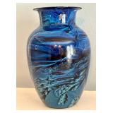 Artisan Crafted Signed Blue Swirl Glass Vase, 6.75 Inch Height