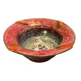 Artisan Crafted Ceramic Bowl with Red and Multicolor Glaze