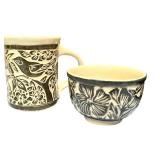 Bird Themed Pottery, Ceramic Mug, Metal Branch Hook, and Bird Napkins Set