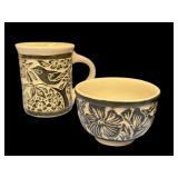 Bird Themed Pottery, Ceramic Mug, Metal Branch Hook, and Bird Napkins Set