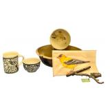 Bird Themed Pottery, Ceramic Mug, Metal Branch Hook, and Bird Napkins Set
